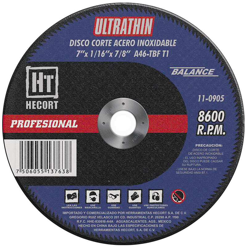 Abrasivo Corte Acero Inoxidable Ultrathin 7"X1/16"X7/8" A46T-BFT1