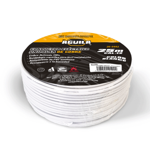 CABLE DE COBRE THW CAL. 12 BLANCO 25 MTS